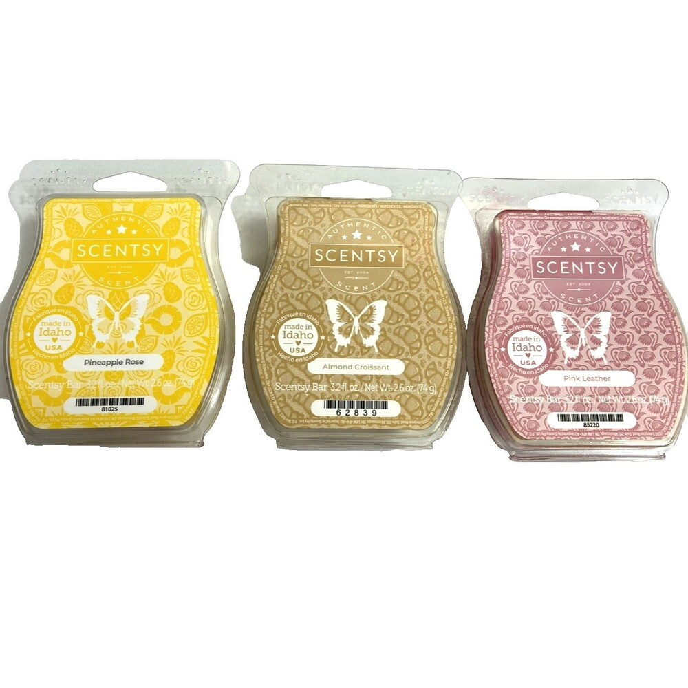 Scentsy Wax Bar s Lot of 3 Pink Leather Pineapple Rose Almond Croissant New